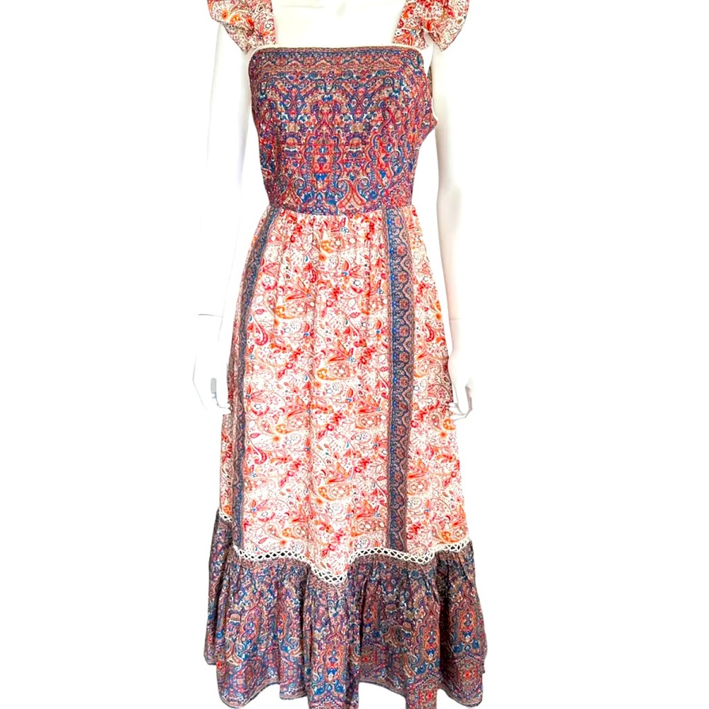 Haute Hippie Dress 6 New Pretty Paisley Flutter Sleeve Lace Trim Boho Hippy Midi - Picture 6 of 11
